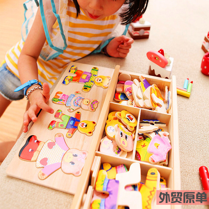 Wooden puzzle jigsaw puzzle bear dressing change matching game children girls infants handmade building blocks toys