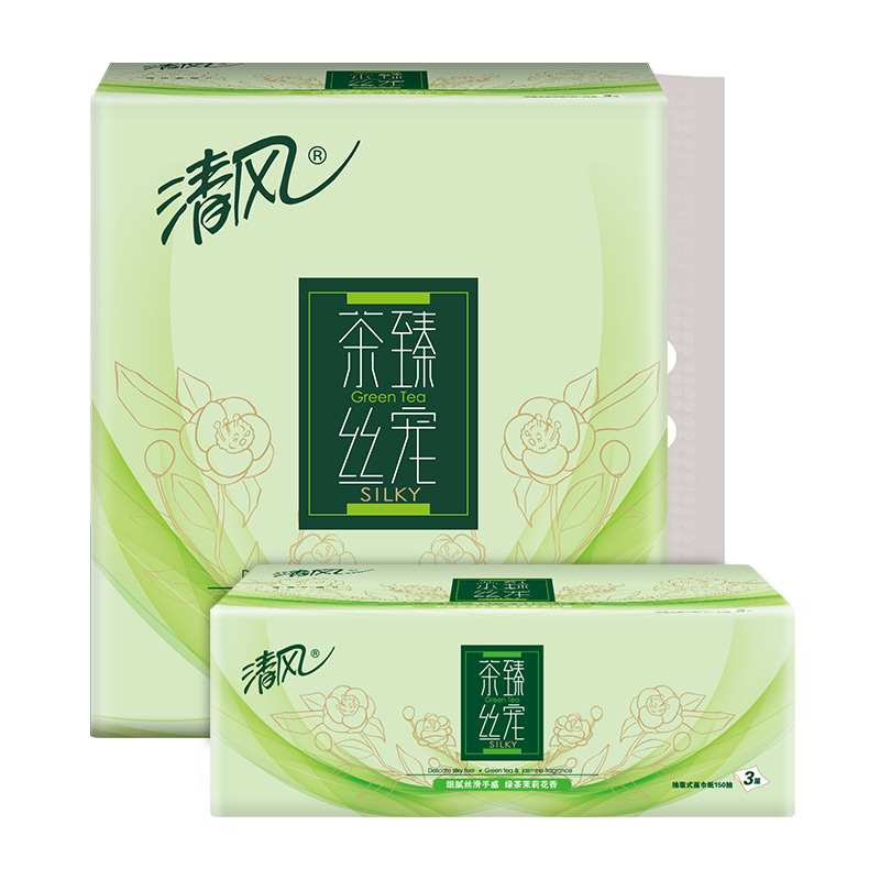 【天猫超市】清风 茶臻丝宠3层150抽*3包中规格软包抽取面纸巾