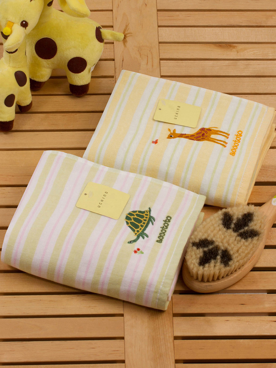 UCHINO|黄色绿色accototo纱布条纹两件套面巾