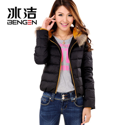 2015秋冬冰洁正品撞色潮羽绒服女短款时尚学院百搭外套清仓特价