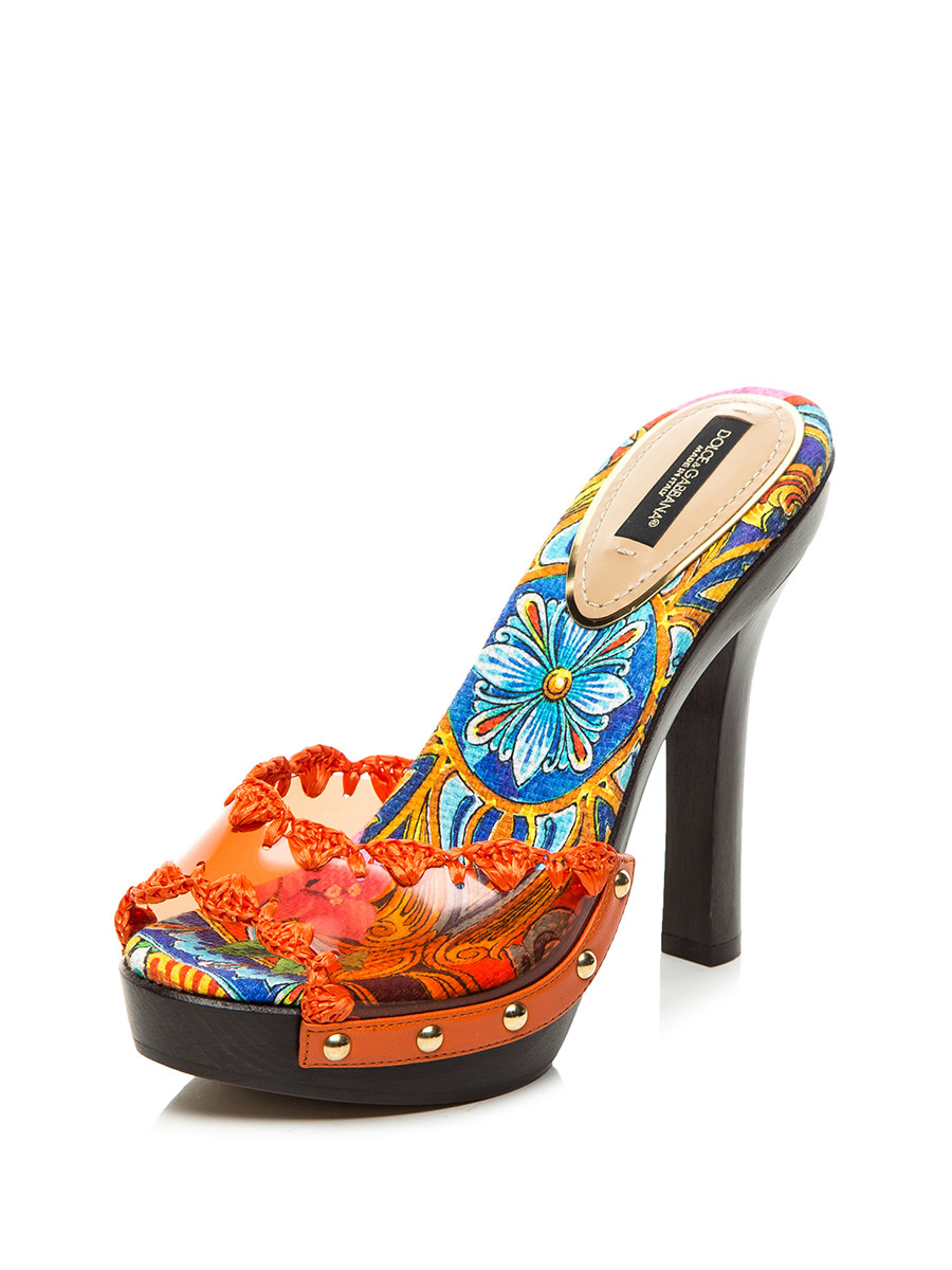Dolce&Gabbana 橙色彩色印花钉珠饰高跟凉拖