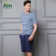 Tzh Tianzhu sợi tre nam đồ ngủ sọc mùa hè lỏng lẻo cổ tròn có thể được mặc ao phong nam Pyjama