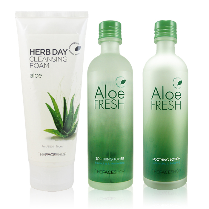包邮 The Face Shop 菲诗小铺芦荟系列三件套 爽肤水 乳液 洗面奶