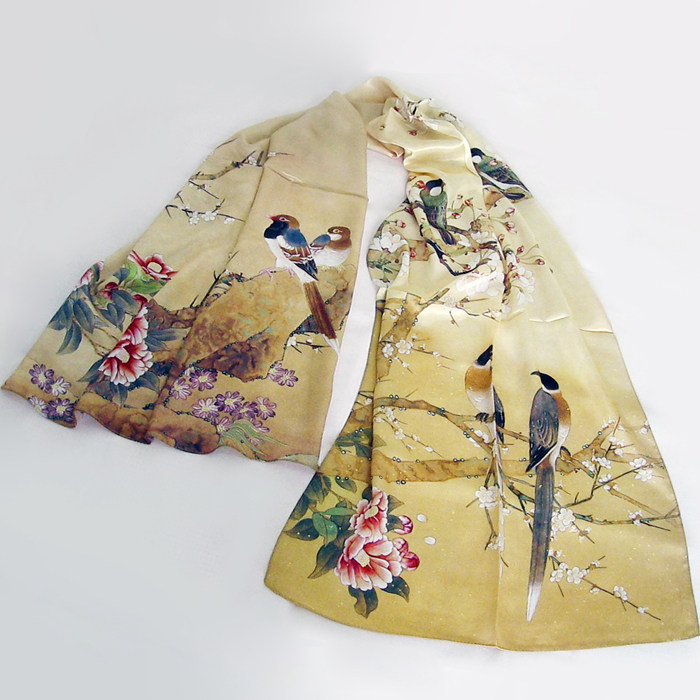 Chinese Feng Shui ink painting Satin silk scarf 100%Mulberry silk scarf Mom shawl Hangzhou silk send foreigners