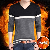 Winter plus suede thickened V-collar men long sleeves T-shirt Body Knit Undershirt Big Code Tide Mens Striped Dress