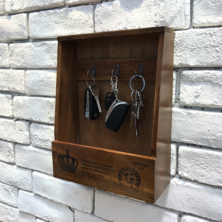 Retro solid wood key hook free of punching hanging key box home wall decoration car key storage box key box
