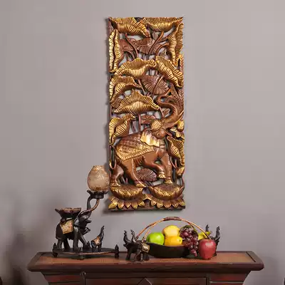 Thai handmade carved board teak small elephant lotus painting gold wood carving board wood carving partition screen background flower grid
