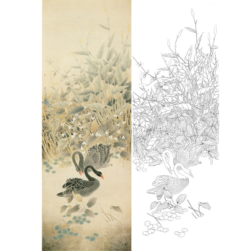 Work Stroke White Sketch manuscript Zhang Xianming Swan 44 * 125 Hook Thread Physical Print Manuscript with Color Pattern 549T
