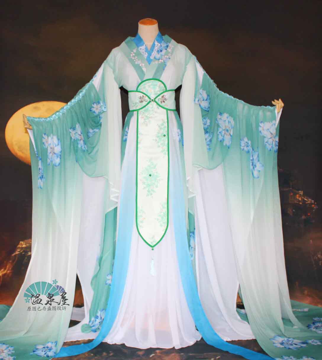 cosplay light green and green gradual layer snow spinning film and film ancient clothes great wide sleeves folds atmosphere ancient clothes Chinese hufu