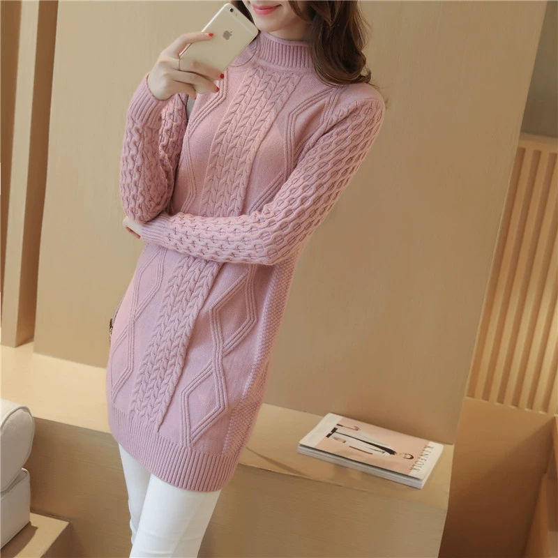 Mùa thu và mùa đông mới của phụ nữ Phong cách Hàn Quốc áo len rộng giữa chiều dài áo len nữ xoắn cổ áo len đáy dày - Áo / áo thun