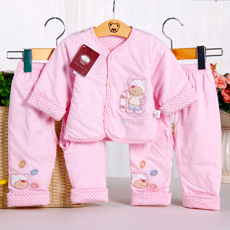 婴幼儿童纯棉棉衣新生宝宝卡通纯色保暖袄外出服宝宝3件套秋冬装