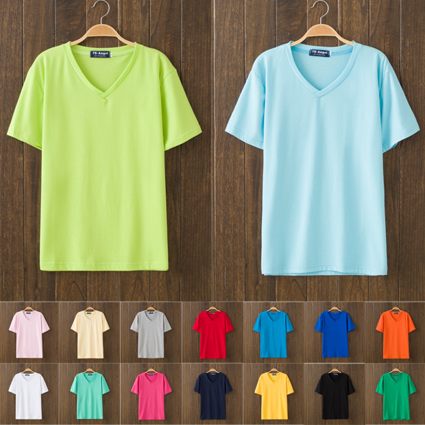 Summer New Special Price Blank Candy-Colored Solid Color V-Neck Loose Korean Style Short-Sleeve Couple's T-Shirt Base Layer