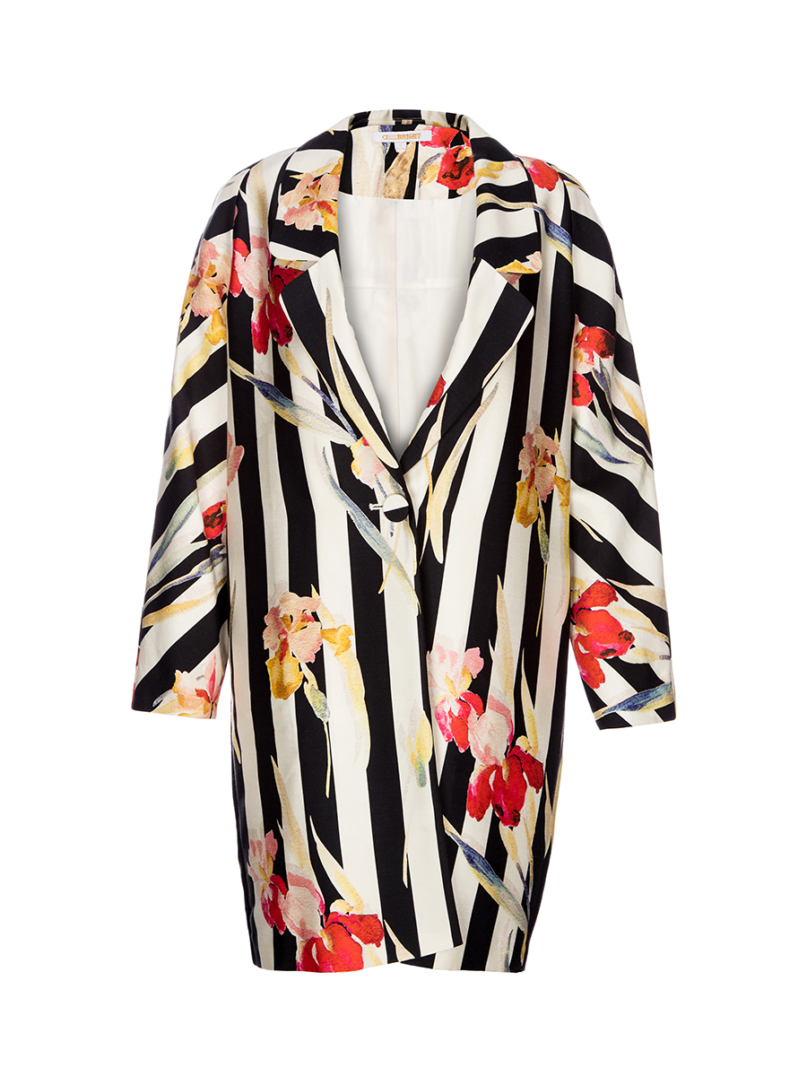 ALLLLLLLBRIGHT 拼色条纹印花饰修身大衣