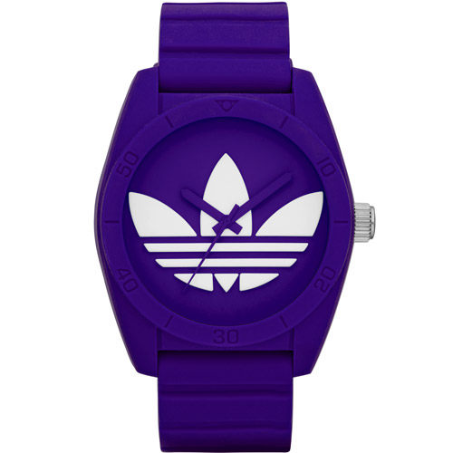 台湾官网直邮进口adidas Santiago 玩色派对三叶草矽胶腕表-紫色A