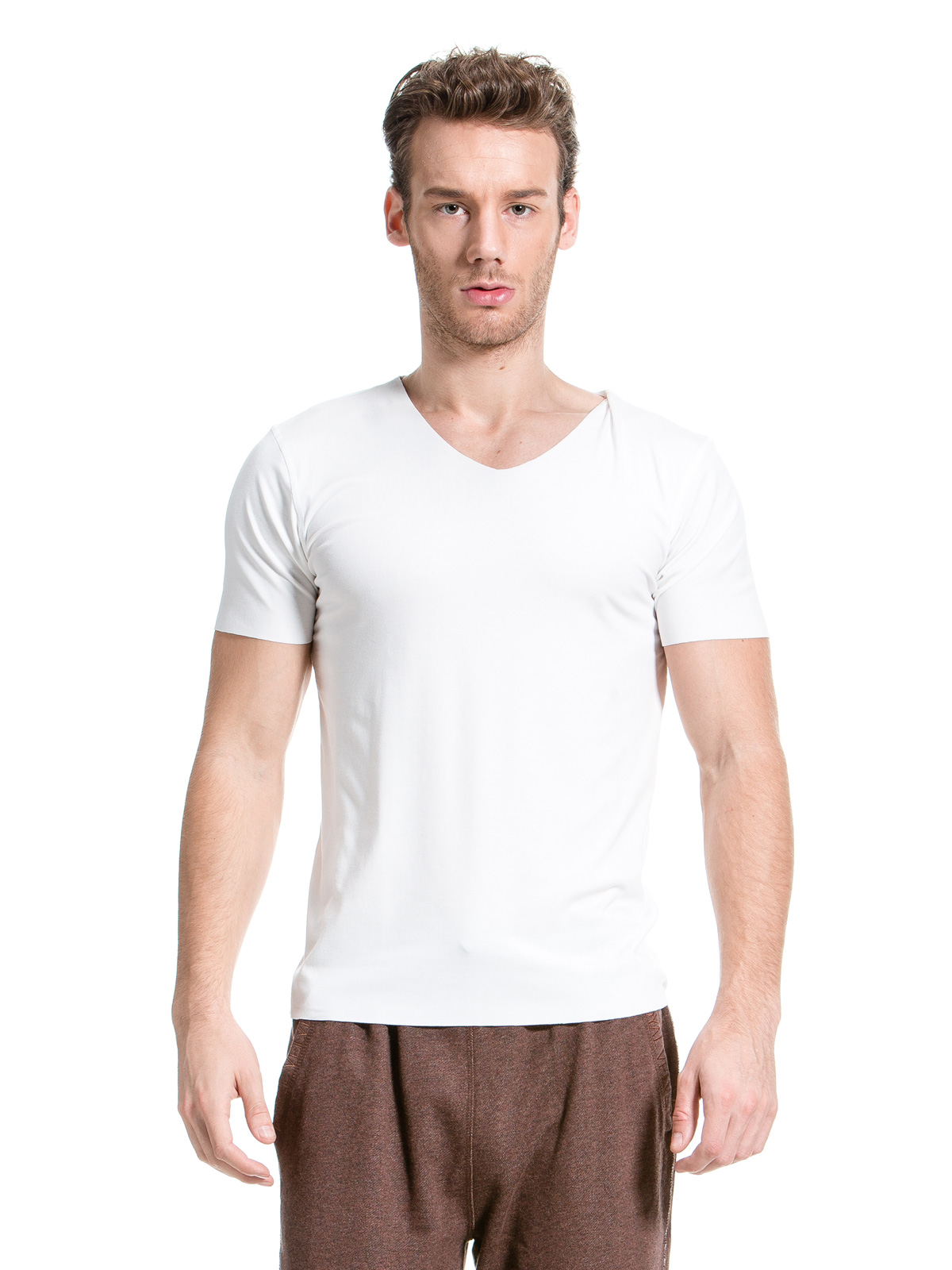 ROYAL VELVET|白色莫代尔V领男士短袖