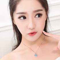 925 Sterling Silver Blue Pink Heart Shaped Crystal Gemstone Pendant Necklace Tanabata Valentines Day Birthday Gift