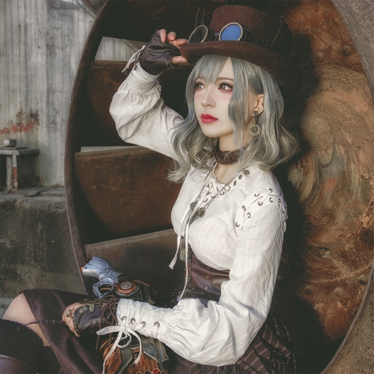 Steam Continental steam punk retro draw with strap white pure cotton long sleeve head straight cylinder blouse blouse