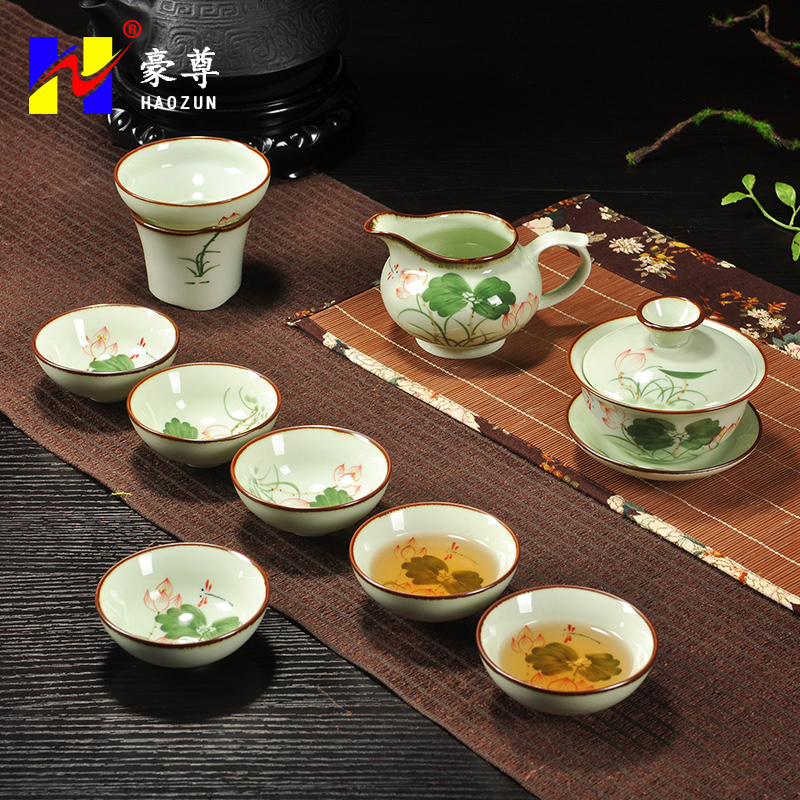 Hauesteem Hand-painted Kongfu Tea Furniture Group Home 6 People Ceramic Tea Cup Full Set Office Triple Bowl Gift Box Dress