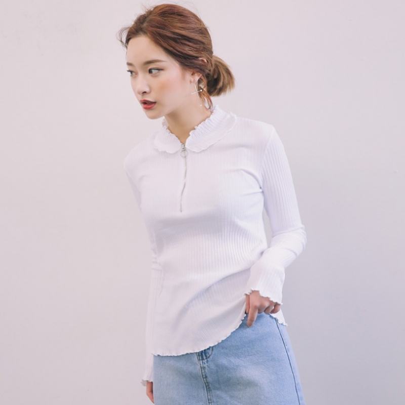 韩国stylenanda官方正品 波浪边点缀and半拉链罗纹T恤
