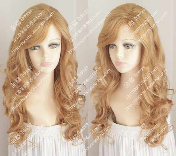 Strawberry Gold European and American Soft Girl Long Curly Wig, Golden Big Wave Air Curls, Long Side Bangs, Fluffy and Fashionable for Women Strawberry Gold European and American Soft Girl Long Curly Wig, Golden Big Wave Air Curls, Long Side Bangs, Fluffy and Fashionable for Women