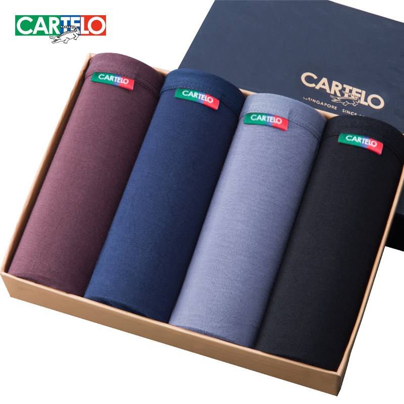 Cartelo Crocodile Bamboo Fiber Men's Solid Color Boxer Briefs U-Convex Four-Corner Shorts 4-Pack Gift Box