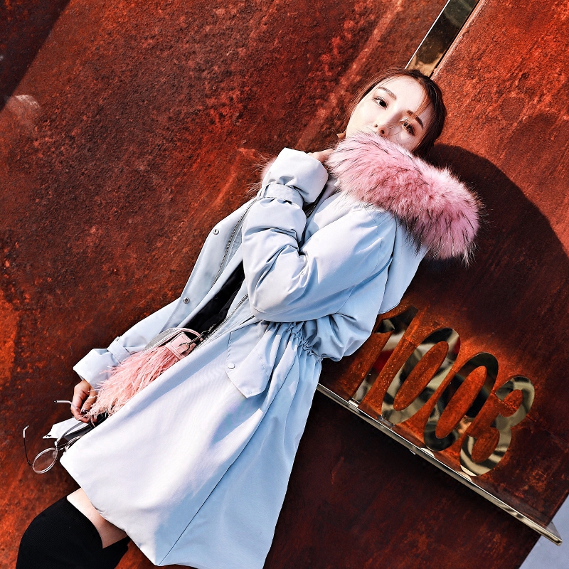UNILady2017冬新款韩版时尚中长款抽绳修身加厚狐狸毛连帽棉服女