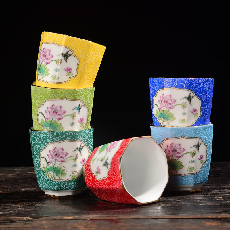 Full color pick flowers see colour master single CPU enamel famille rose porcelain cup sample tea cup kung fu tea tea set, cup mat