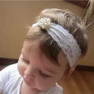 Korean baby hair jewelry pearl flowers white wide lace baby hair band baby headband headdress full moon 100 days