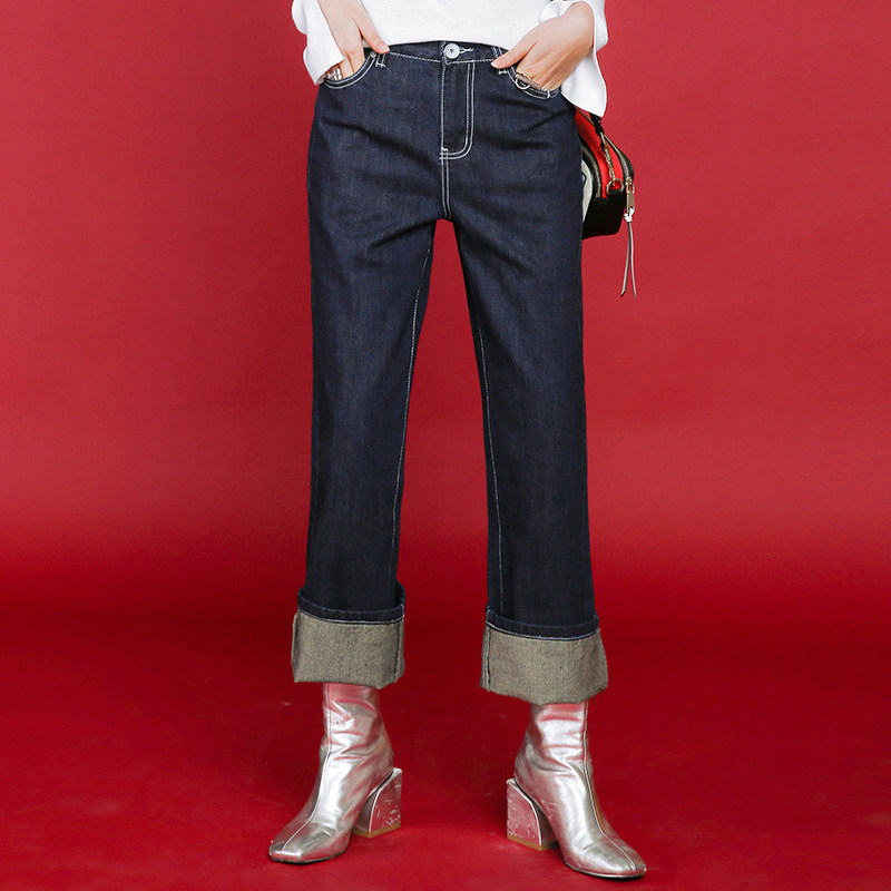 七格格2017秋款韩版宽松原色明线百搭bf风原宿勾边阔腿牛仔裤女