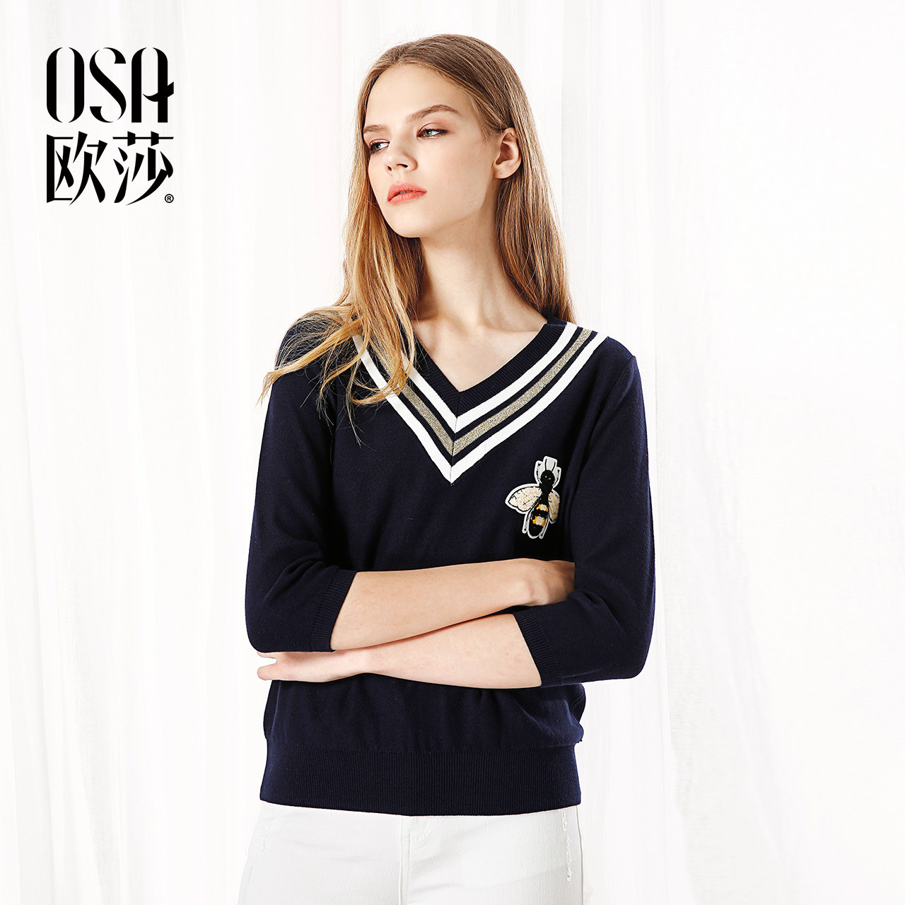 OSA欧莎 2017秋装新款女装V领条纹套头针织衫宽松显瘦七分袖上衣