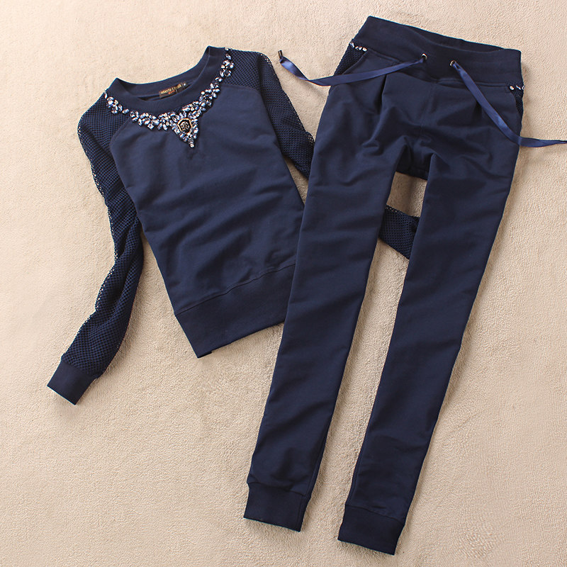 European and American style autumn new round neck sports suit women's beaded lace stitching pure cotton pencil pants casual wear suit