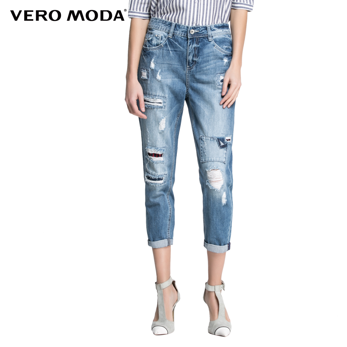 Vero Moda2016夏季新品男友风水洗补丁低腰七分牛仔裤|31626I008
