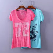 Xuân 2018 mới thun thun cổ chữ V ngắn tay ngắn thời trang set đồ Hàn Quốc phiên bản áo in chữ nữ