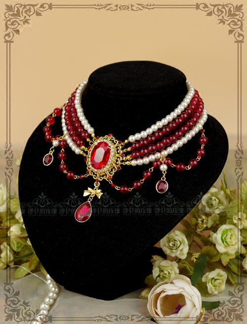 *Marguerite II* gorgeous court Lolita multi-layer pearl necklace -red and blue two-color entry-