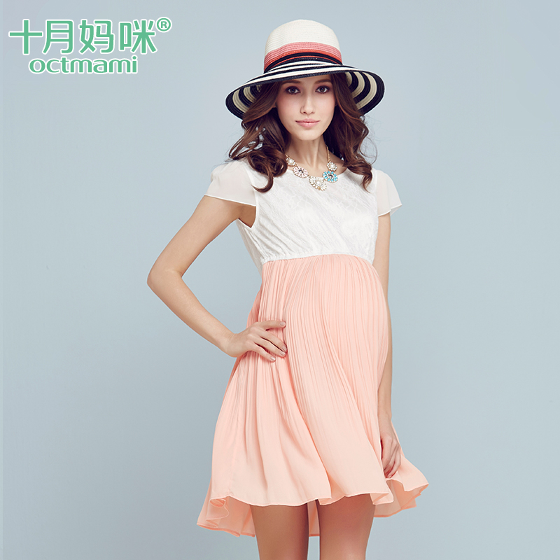 十月妈咪孕妇短袖连衣裙 中长款雪纺裙孕妇夏装 韩版夏季孕妇裙子