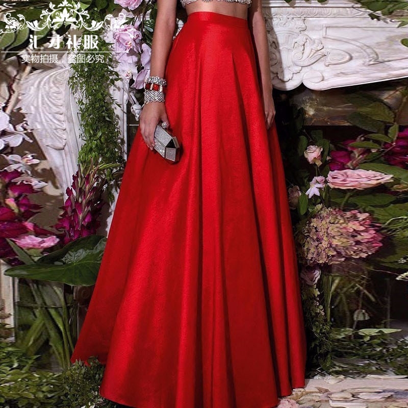 Half-Length Skirt, Long Skirt, Catwalk Umbrella Skirt, Red Slimming Skirt with Ladylike Temperament