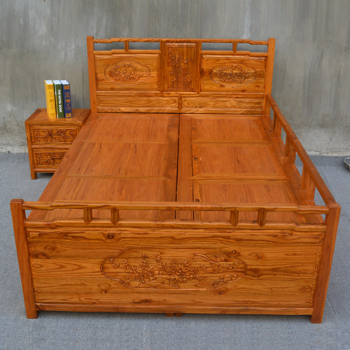 Special offer old elm furniture all solid wood double bed Chinese style antique high-end antique storage bed pastoral bed carved wood