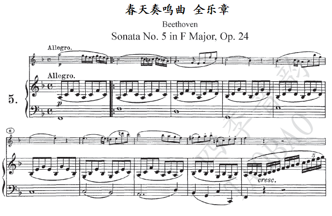 Beethoven's Spring Sonata No. 5 in F major, Op 24 for violin and piano ensemble (with parts)