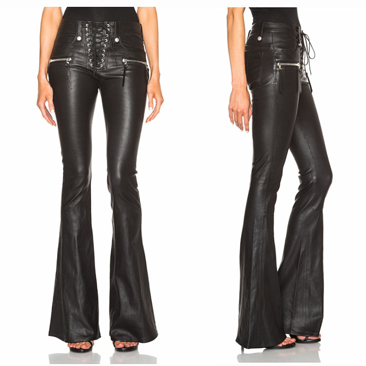 Spring, Autumn and Winter Trendy Pants, Washed Pu Leather Lace-Up Leather Pants, European Punk Style Hip-Hugging, Leg-Hugging, Slim-Fit Flared Pants