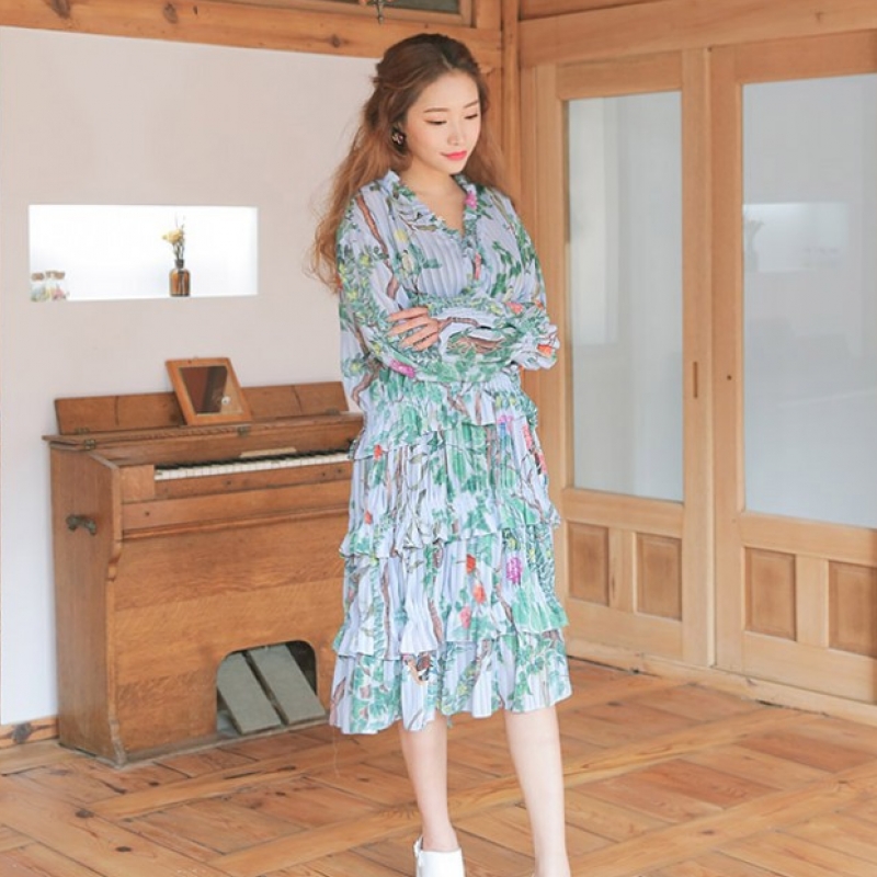 韩国stylenanda官方正品 花园印花层次摆连衣裙套装-天蓝色