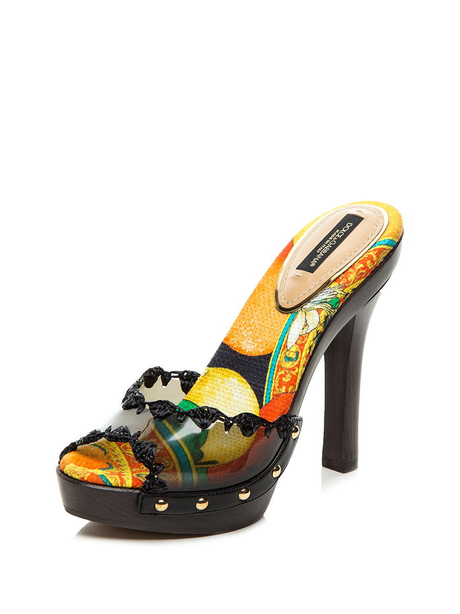 Dolce&Gabbana 黑色彩色印花钉珠饰高跟凉拖