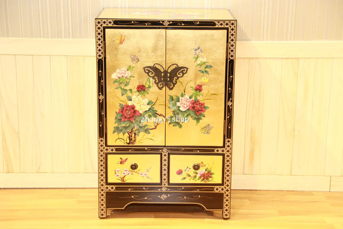 Modern New Chinese Vintage Gold Leaf Hand-painted Furniture Door Hall Xuanguan Cabinet Two-Bucket Double Door Shoe Cabinet Containing Cabinet