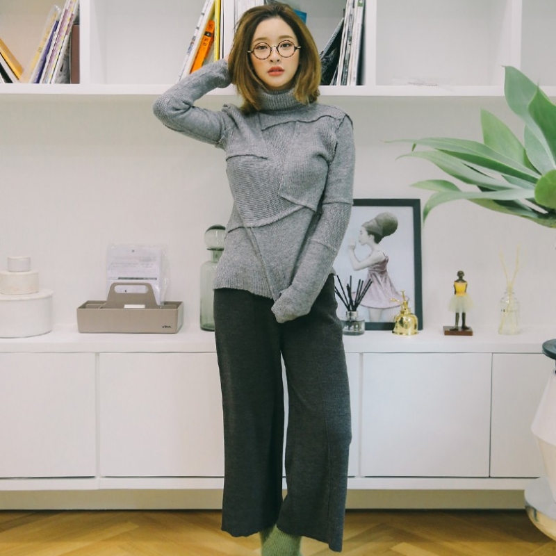 韩国stylenanda官方正品 时尚外车线点缀松紧腰阔腿裤-炭色