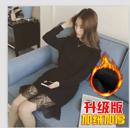 天天特价秋冬加绒加厚中长款毛衣打底裙包臀修身蕾丝针织连衣裙女