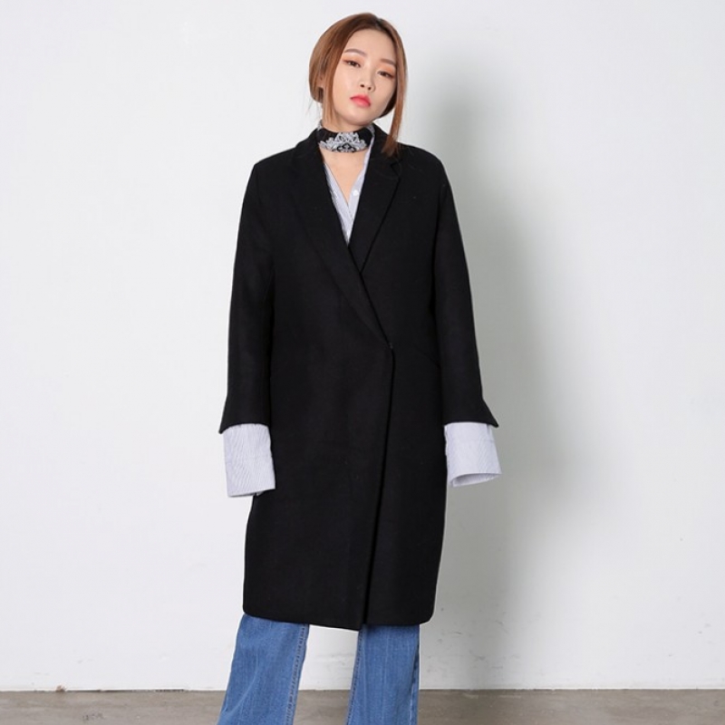 韩国stylenanda官方正品 知性风纯色按扣长款大衣-黑色
