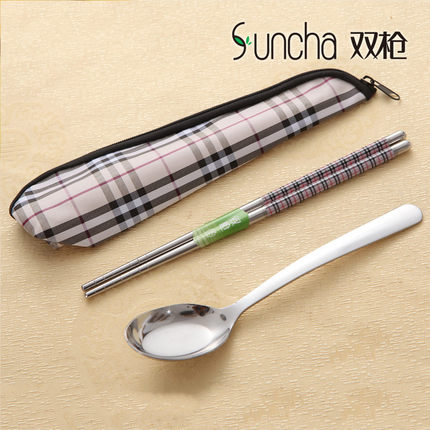 Twin-gun stainless steel chopsticks spoon portable tableware set three pieces for student adult Korea cute