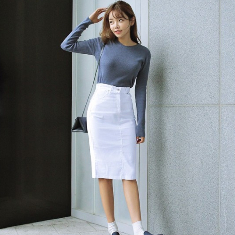 韩国stylenanda官方正品 优雅纯色圆领针织短款T恤-蓝色