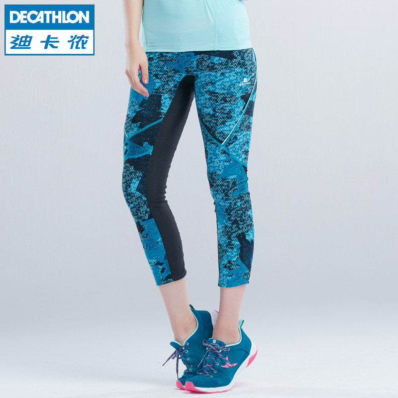 迪卡侬 健身服女 运动训练拼接网眼印花速干紧身七分裤DOMYOS WE