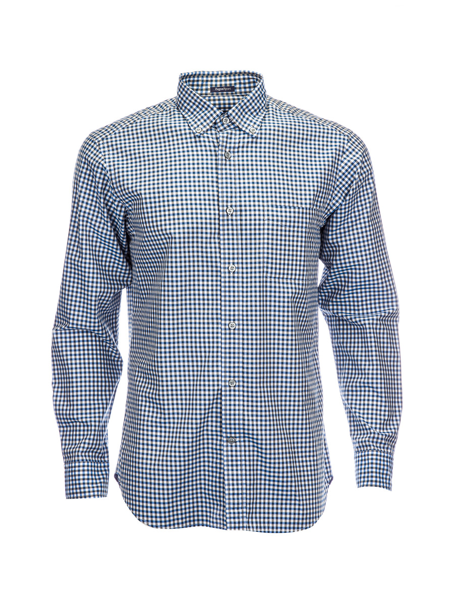 ZEGNA SPORT 蓝白拼色格子印花长袖衬衫