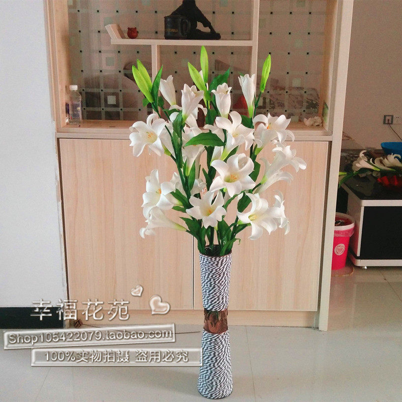 Living-room Bedroom Decorative Flowers Ground Simulation Flowers Fake Flowers Advanced PU Bouquet Single lilies 6 heads Fragrance lilies